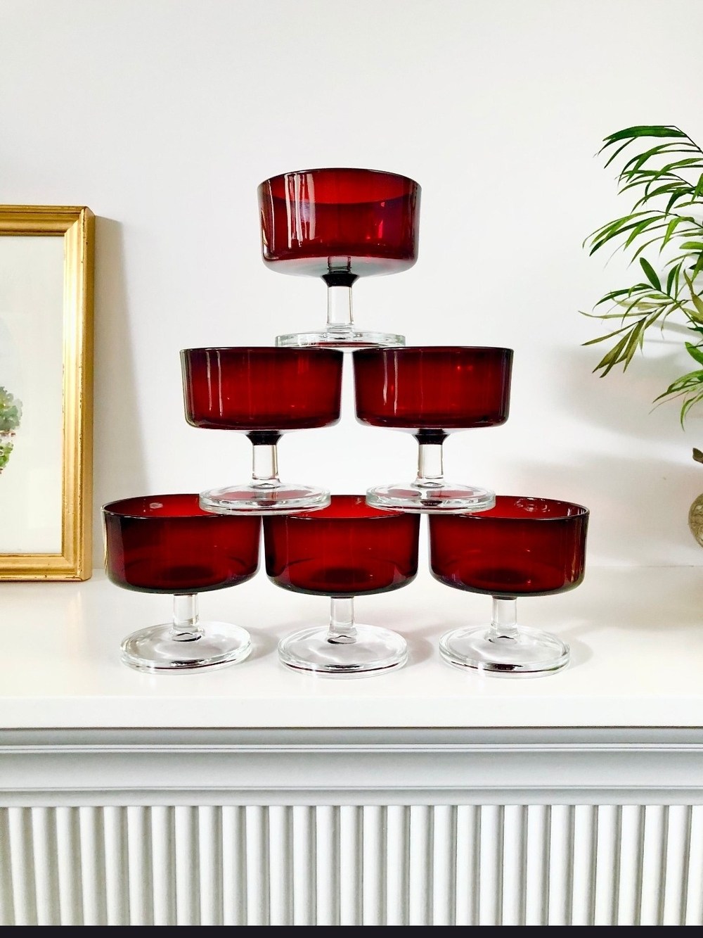 Set of 6 Deep Red Glass Coupe Dessert Goblets
